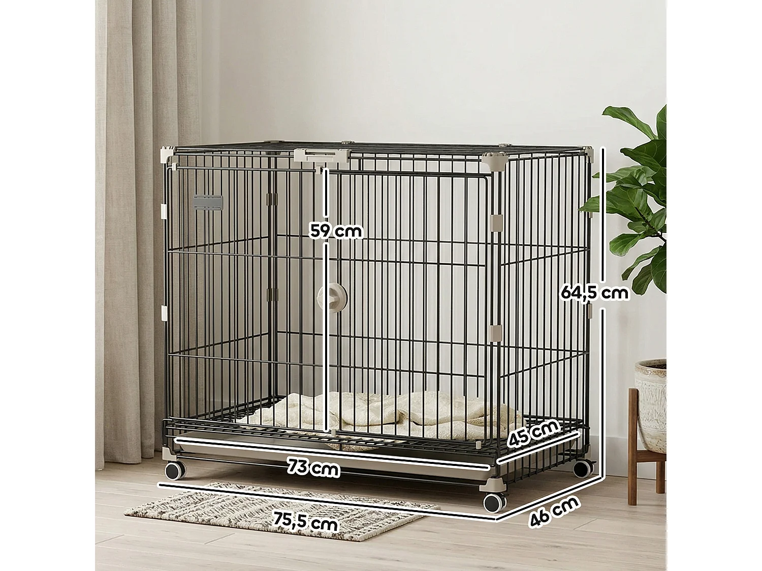 Cage pour Chien Pliable, Plateau Amovible, Roues avec Freins, Toit Ouvrant Verrouillable, Porte de Nourrissage, Niche Chien Interieur