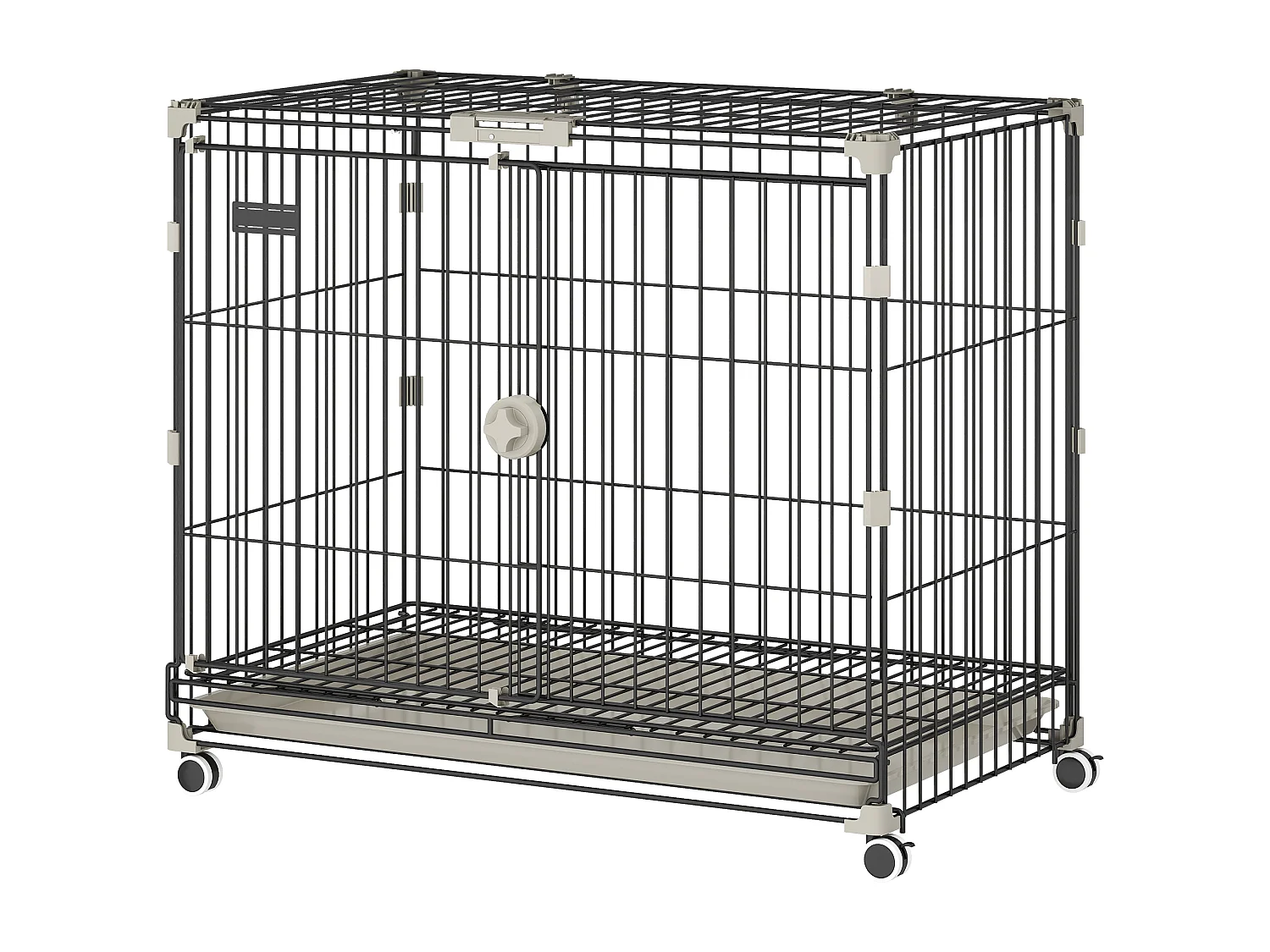 Cage pour Chien Pliable, Plateau Amovible, Roues avec Freins, Toit Ouvrant Verrouillable, Porte de Nourrissage, Niche Chien Interieur