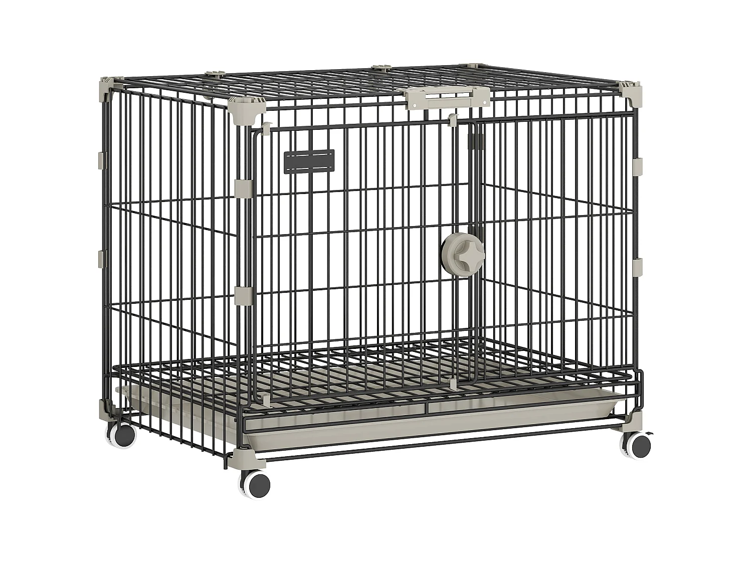Cage pour Chien Pliable, Plateau Amovible, Roues avec Freins, Toit Ouvrant Verrouillable, Porte de Nourrissage, Niche Chien Interieur