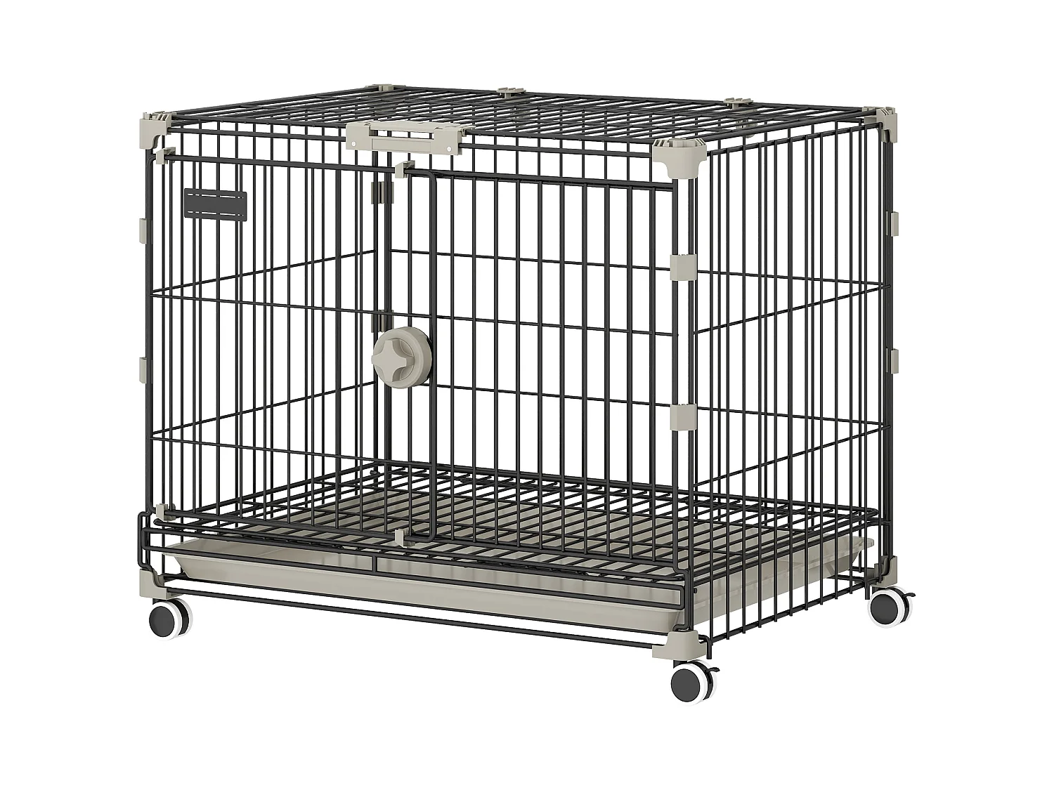 Cage pour Chien Pliable, Plateau Amovible, Roues avec Freins, Toit Ouvrant Verrouillable, Porte de Nourrissage, Niche Chien Interieur
