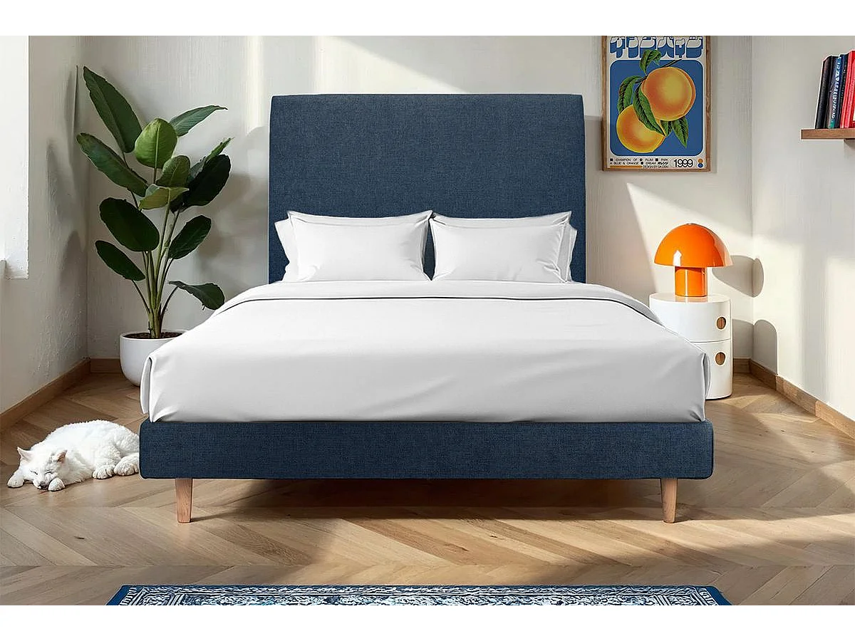 Lit 140x200cm avec tête de lit tapissier tissu et sommier kit Bleu - Hauteur totale : 29cm