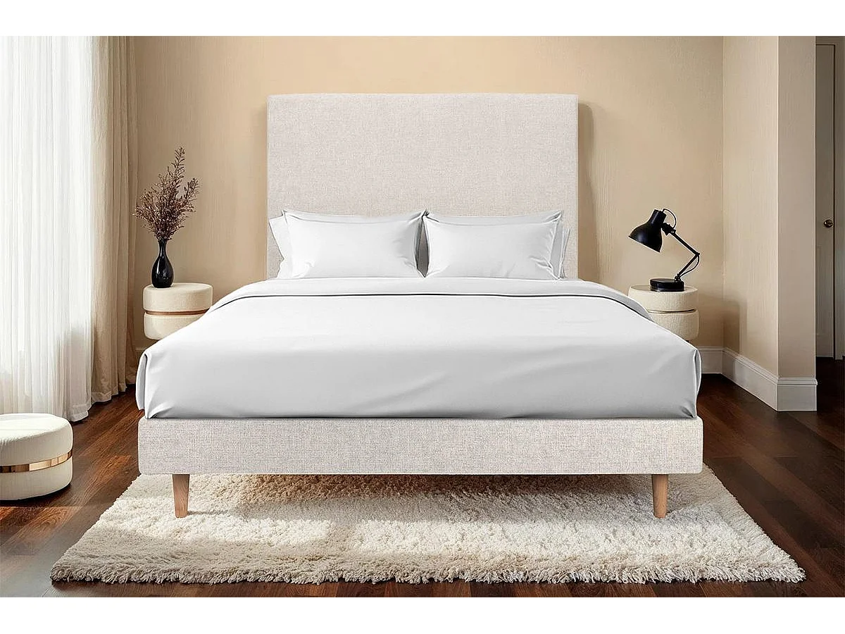 Lit 135x190cm avec tête de lit tapissier tissu et sommier kit Beige clair - Hauteur totale : 29cm