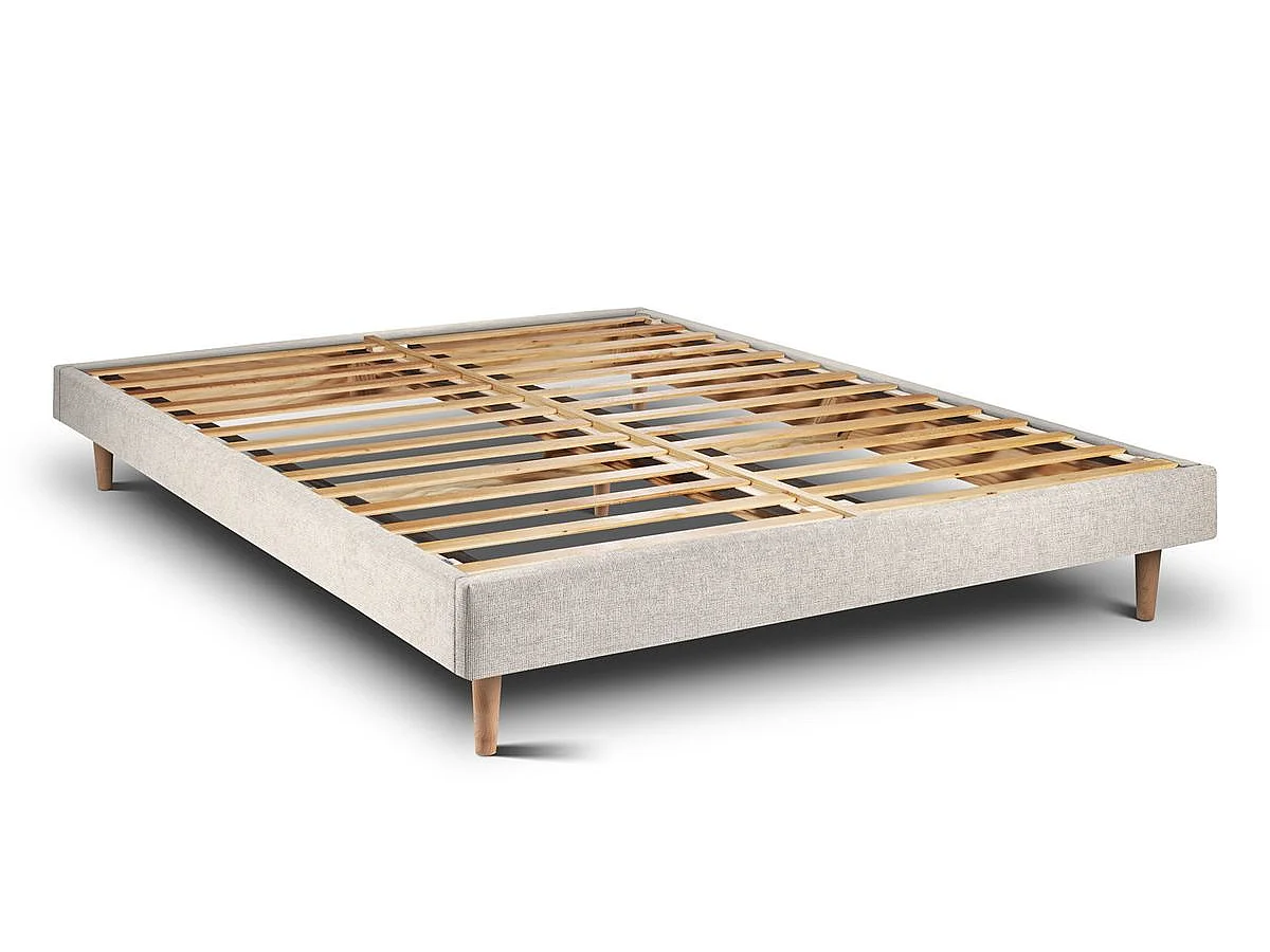 Lit 135x190cm avec tête de lit tapissier tissu et sommier kit Beige clair - Hauteur totale : 29cm