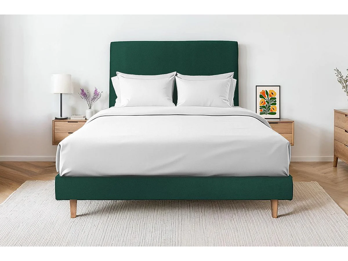 Lit 150x190cm avec tête de lit tapissier velours et sommier kit vert - Hauteur totale : 29cm