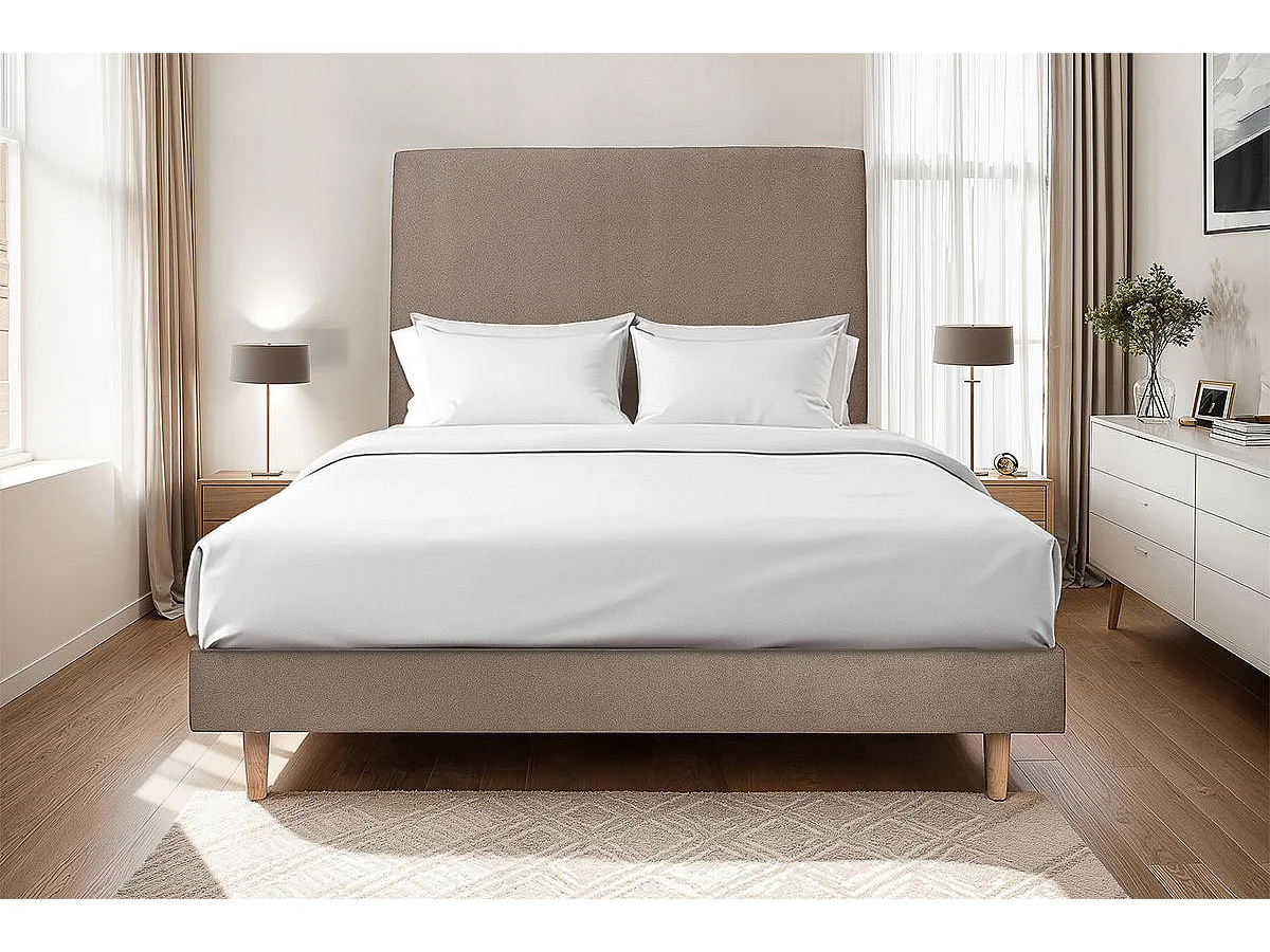 Lit 135x190cm avec tête de lit tapissier velours et sommier kit taupe - Hauteur totale : 29cm