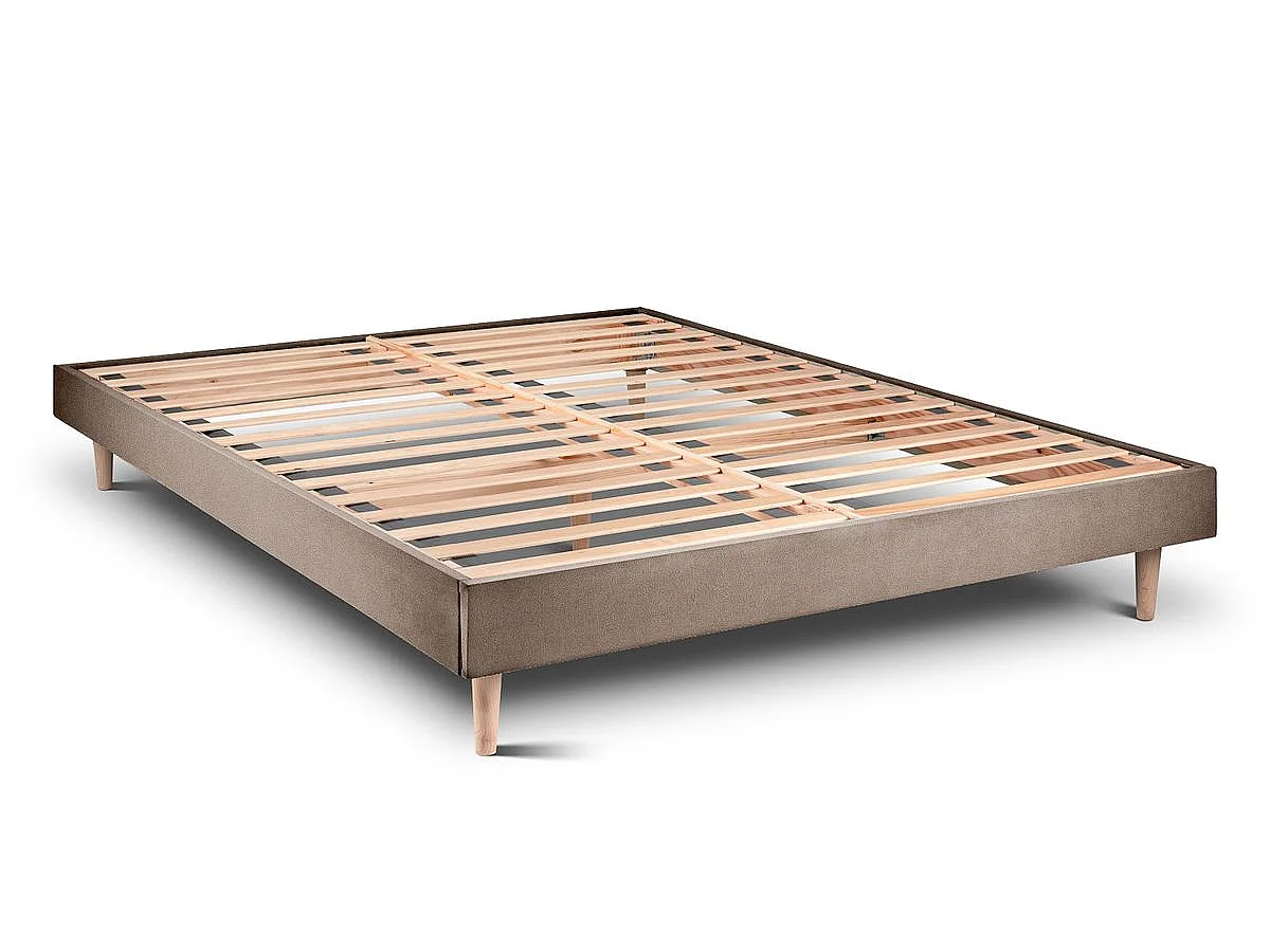 Lit 135x190cm avec tête de lit tapissier velours et sommier kit taupe - Hauteur totale : 29cm