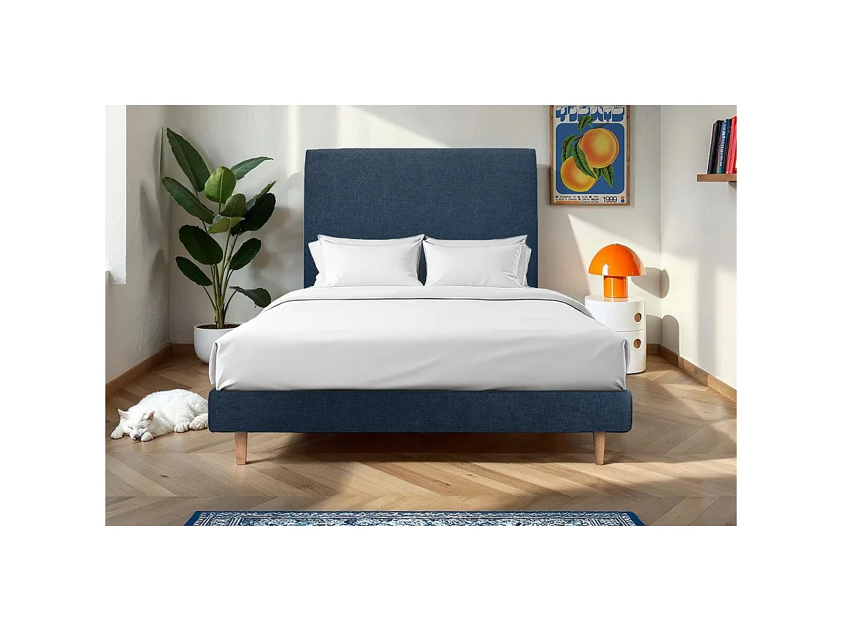 Lit 150x190cm avec tête de lit tapissier tissu et sommier kit Bleu - Hauteur totale : 29cm
