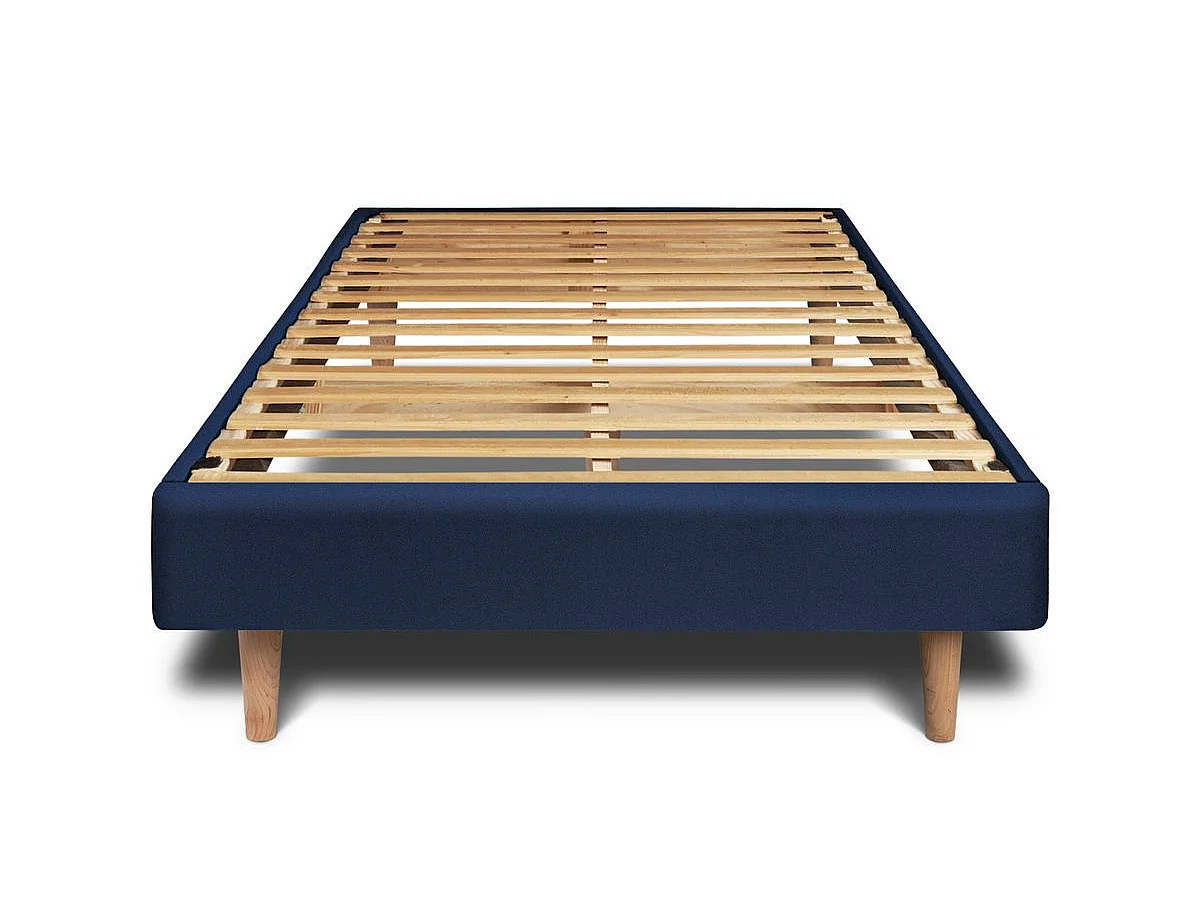 Lit 90x200cm avec tête de lit tapissier velours et sommier kit Bleu - Hauteur totale : 29cm