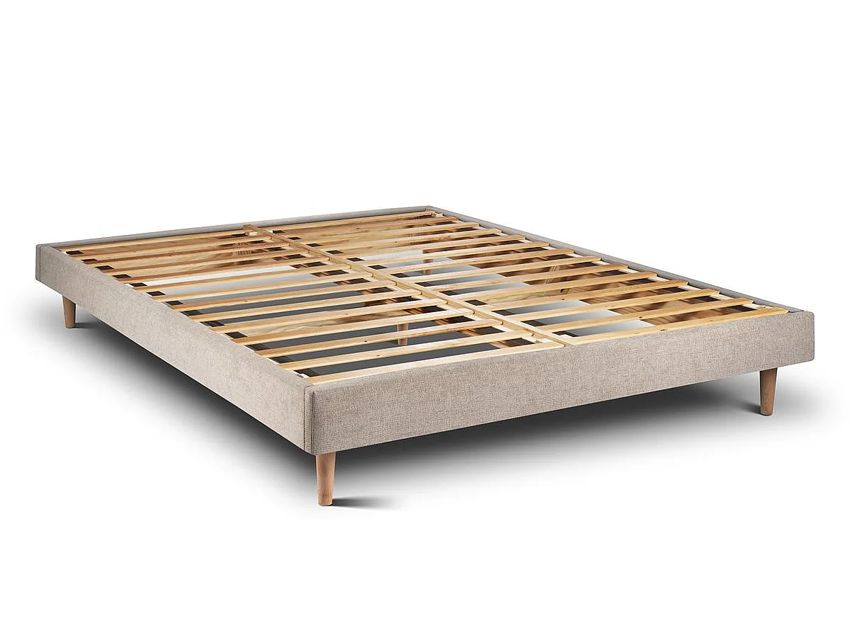 Lit 135x190cm avec tête de lit tapissier tissu et sommier kit beige brun - Hauteur totale : 29cm