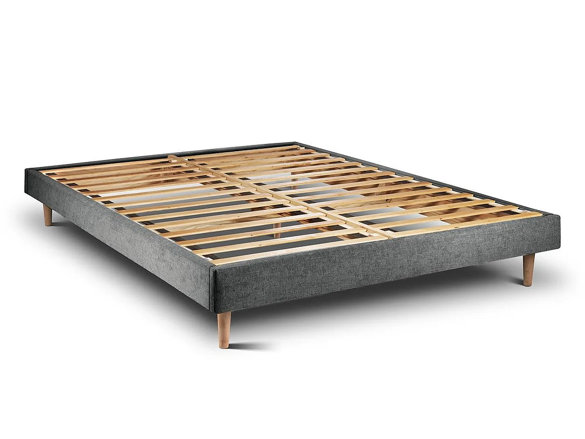 Lit 150x190cm avec tête de lit tapissier tissu et sommier kit gris anthracite - Hauteur totale : 29cm