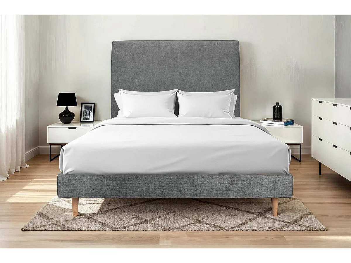 Lit 135x190cm avec tête de lit tapissier tissu et sommier kit gris anthracite - Hauteur totale : 29cm