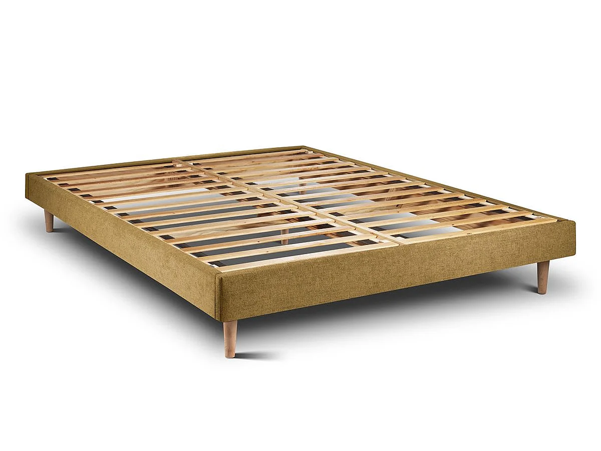 Lit 135x190cm avec tête de lit tapissier tissu et sommier kit jaune - Hauteur totale : 29cm