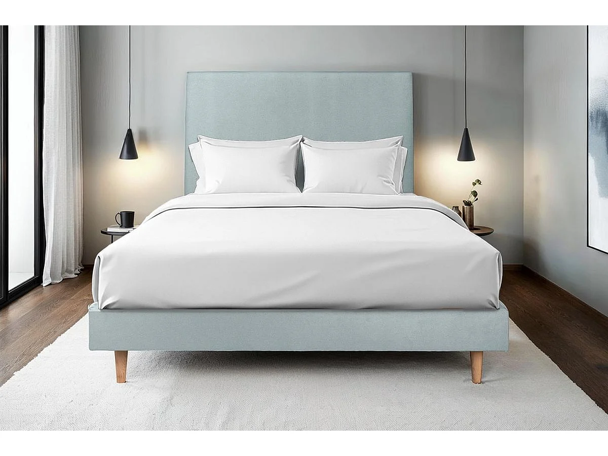 Lit 200x200cm avec tête de lit tapissier velours et sommier kit Gris bleuté - Hauteur totale : 29cm