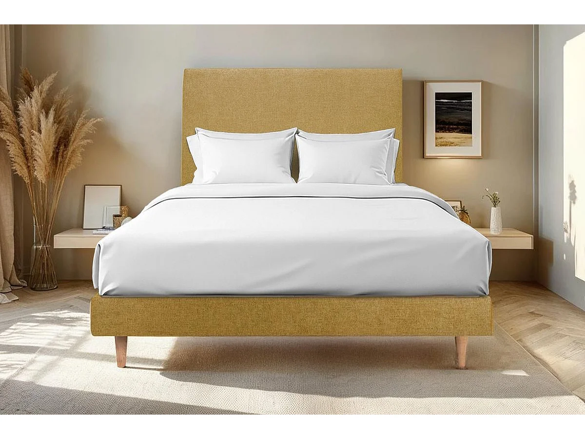 Lit 150x200cm avec tête de lit tapissier tissu et sommier kit jaune - Hauteur totale : 29cm