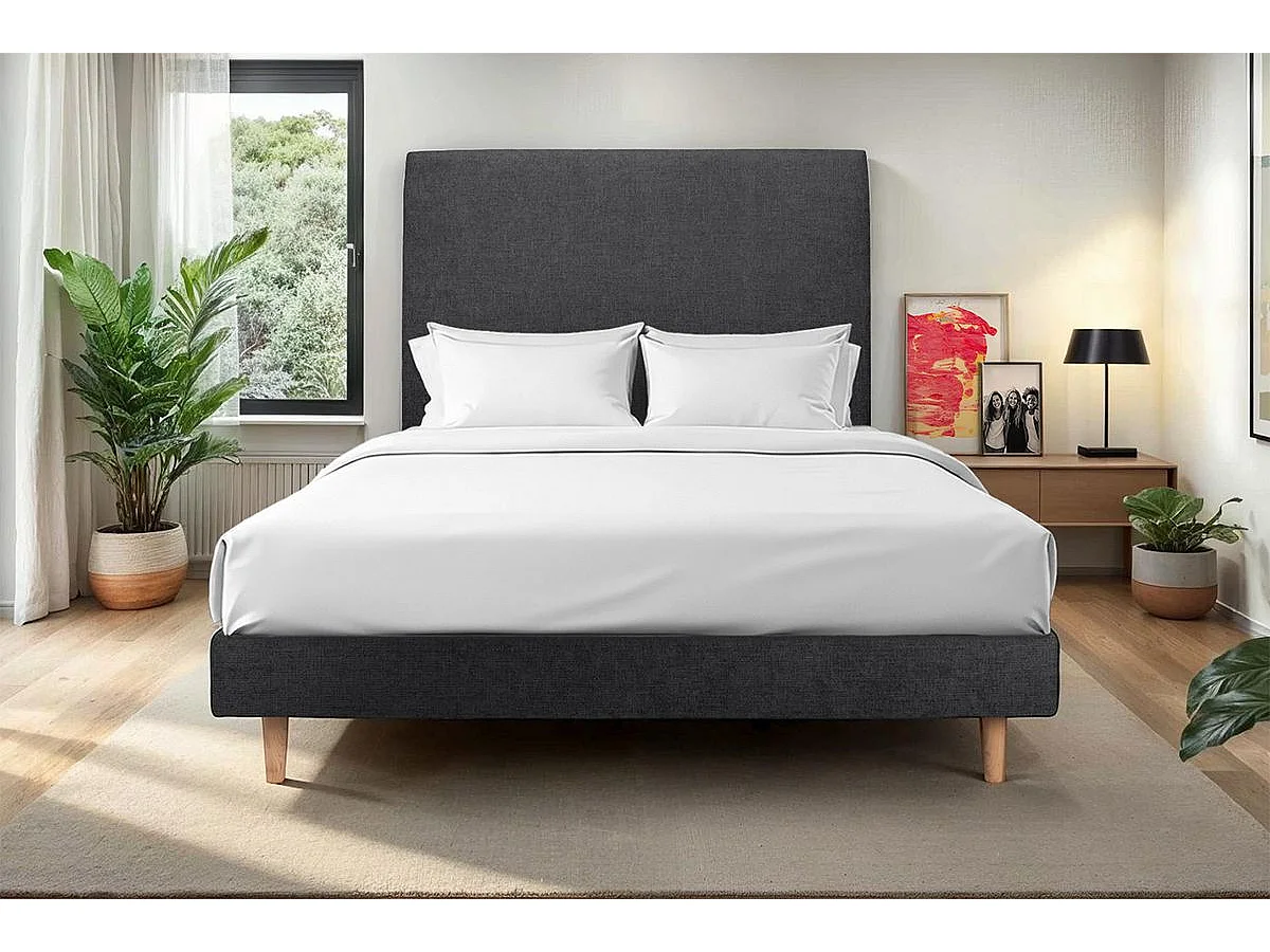 Lit 135x190cm avec tête de lit tapissier tissu et sommier kit Noir - Hauteur totale : 29cm