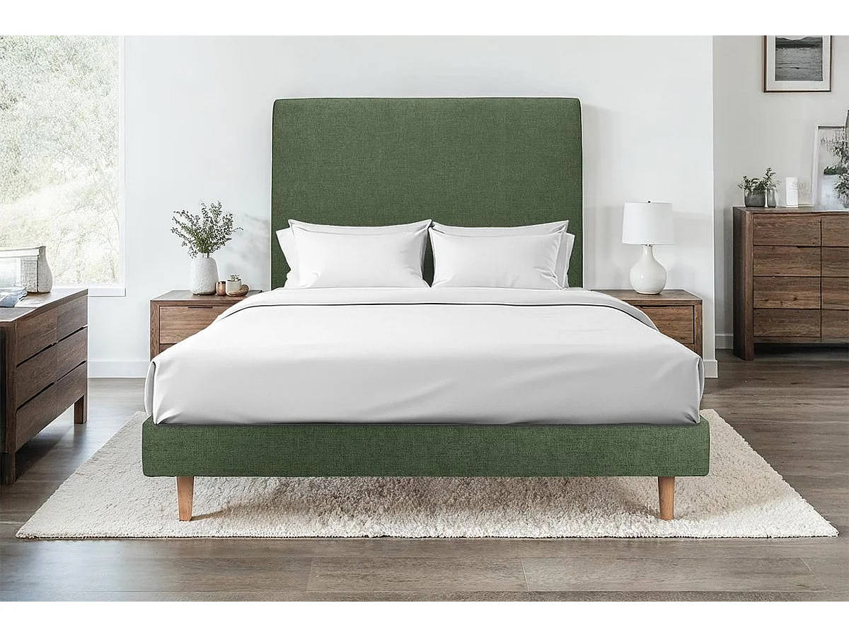 Lit 150x190cm avec tête de lit tapissier tissu et sommier kit vert - Hauteur totale : 29cm