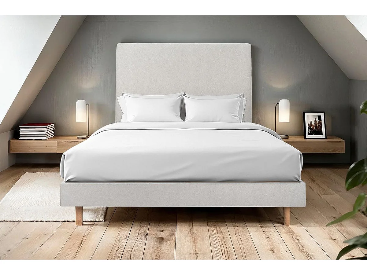 Lit 150x200cm avec tête de lit tapissier velours et sommier kit gris clair - Hauteur totale : 29cm