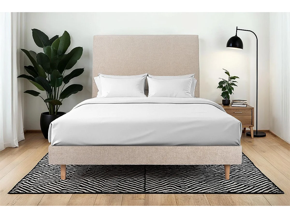 Lit 200x200cm avec tête de lit tapissier tissu et sommier kit beige brun - Hauteur totale : 29cm
