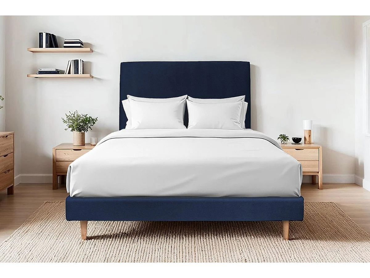 Lit 140x200cm avec tête de lit tapissier velours et sommier kit Bleu - Hauteur totale : 29cm