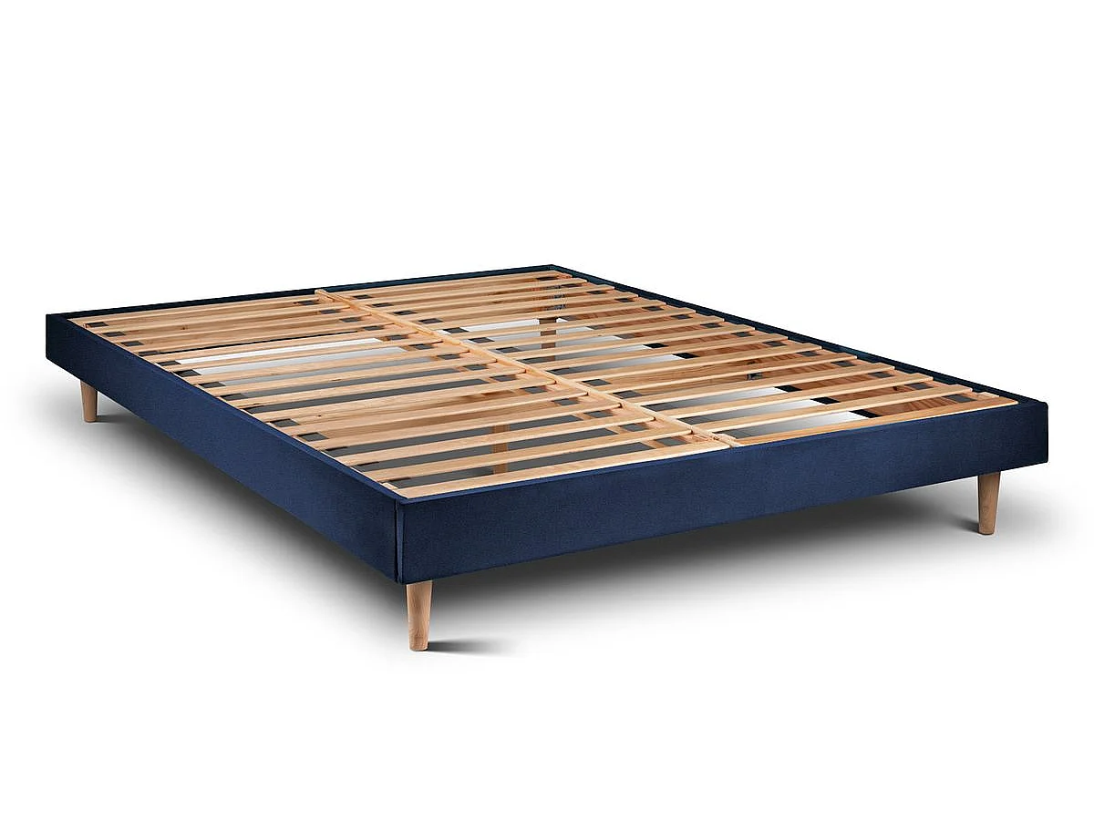 Lit 140x200cm avec tête de lit tapissier velours et sommier kit Bleu - Hauteur totale : 29cm