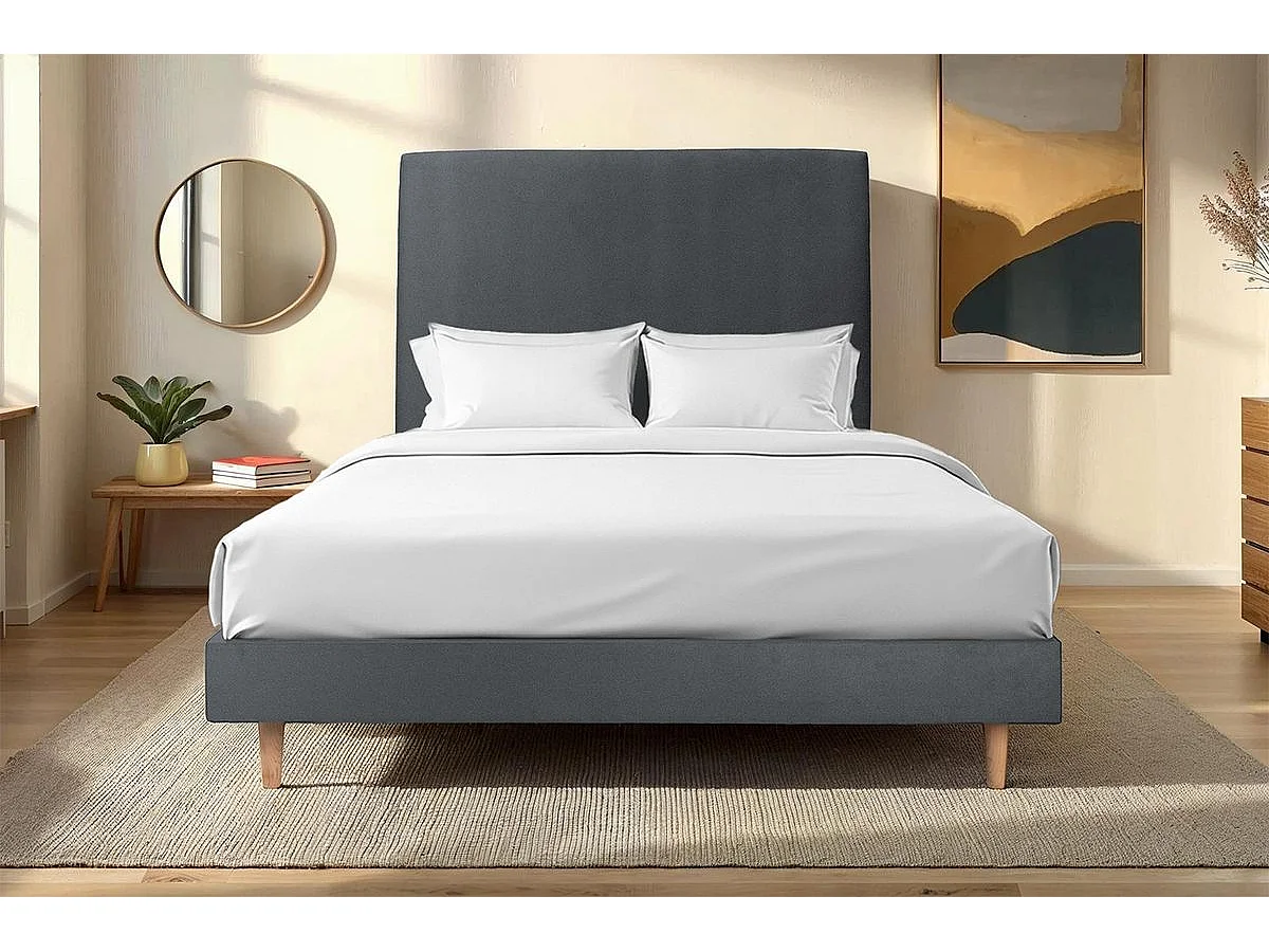 Lit 150x190cm avec tête de lit tapissier velours et sommier kit gris anthracite - Hauteur totale : 29cm