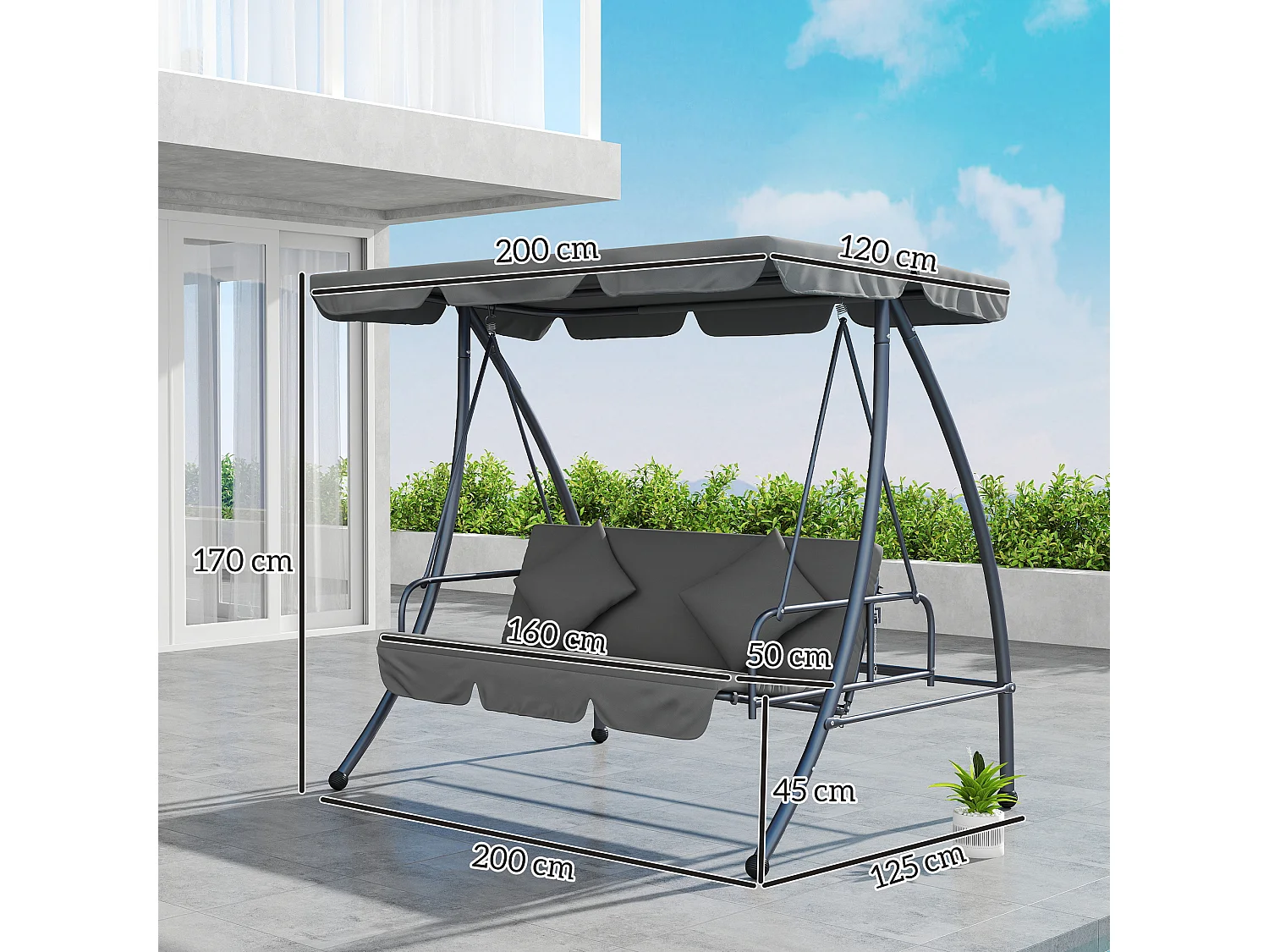 Balancelle de jardin convertible 3 places grand confort inclinaison toit réglable matelas fourni métal polyester gris clair