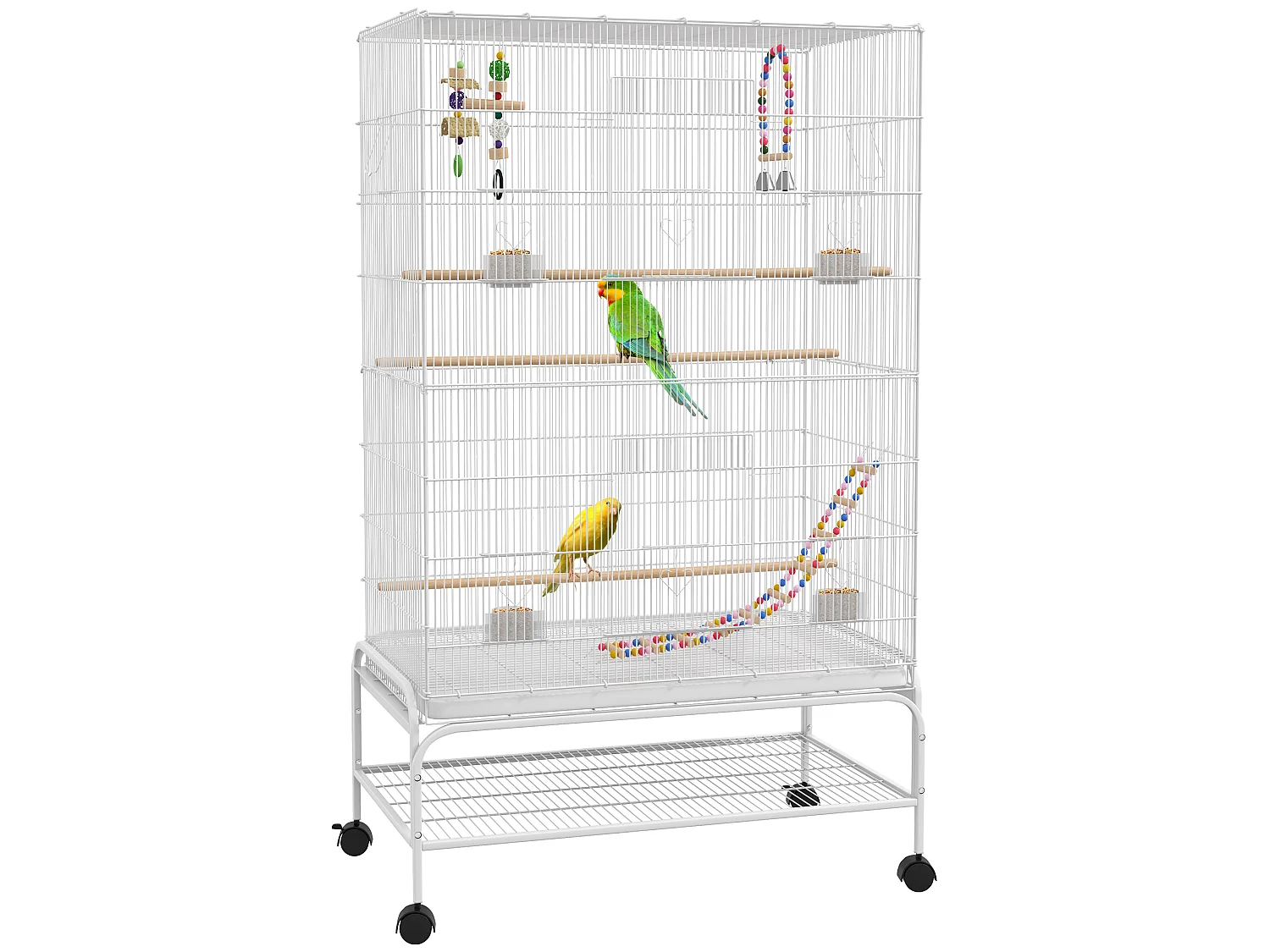 Cage à oiseaux sur roulettes - étagère, plateau déjection, 3 perchoirs, 4 mangeoirs, 2 portes, 8 trappes, accessoires - acier blanc