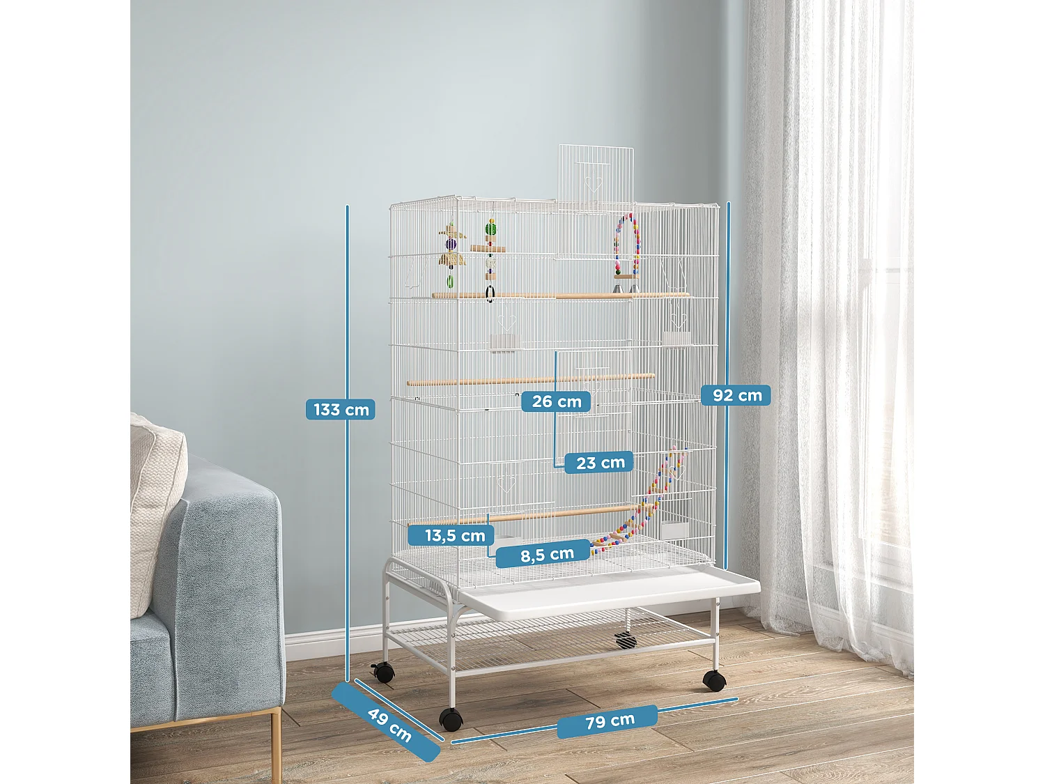 Cage à oiseaux sur roulettes - étagère, plateau déjection, 3 perchoirs, 4 mangeoirs, 2 portes, 8 trappes, accessoires - acier blanc