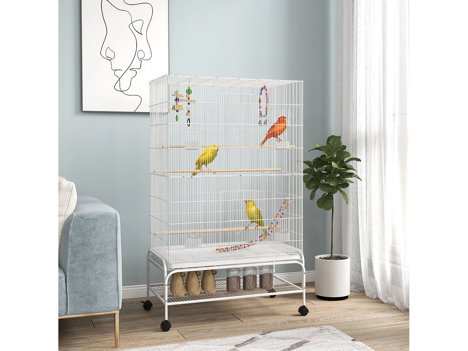 Cage à oiseaux sur roulettes - étagère, plateau déjection, 3 perchoirs, 4 mangeoirs, 2 portes, 8 trappes, accessoires - acier blanc