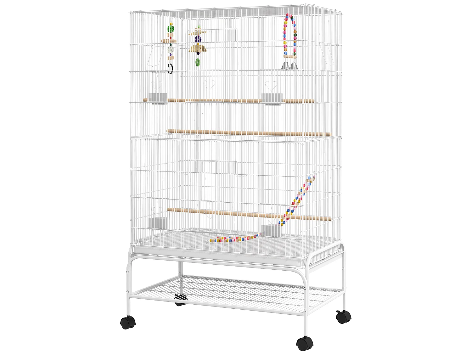 Cage à oiseaux sur roulettes - étagère, plateau déjection, 3 perchoirs, 4 mangeoirs, 2 portes, 8 trappes, accessoires - acier blanc