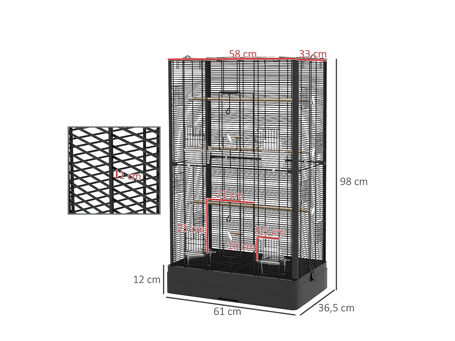 Cage à oiseaux volière avec portes perchoirs - 61 x 36,5 x 98 cm - acier noir