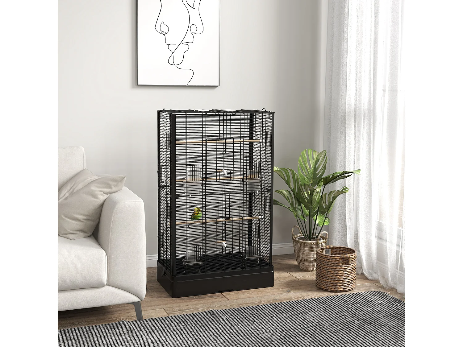 Cage à oiseaux volière avec portes perchoirs - 61 x 36,5 x 98 cm - acier noir