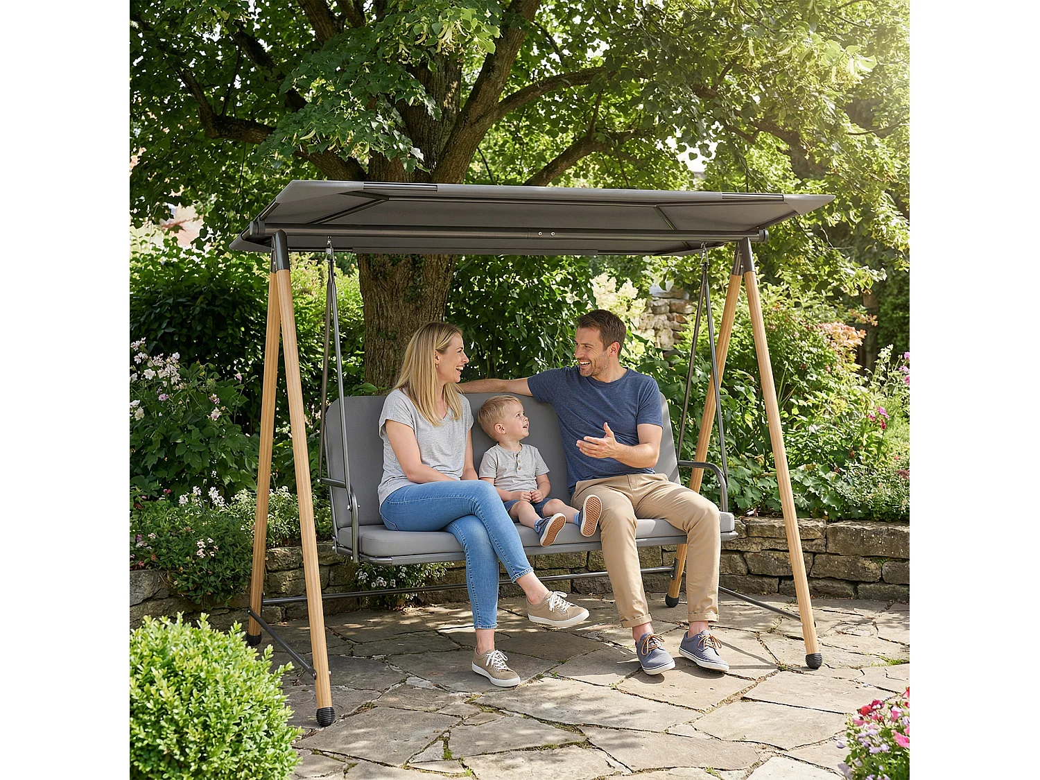 Balancelle de jardin 3 places design structure acier effet bois auvent réglable gris