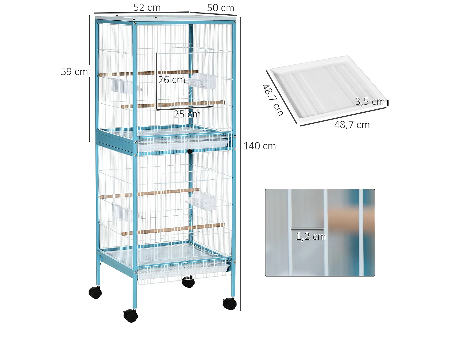 Grande cage à oiseaux sur pied à roulettes - volière double, mangeoires, perchoirs, plateau amovible - bleu