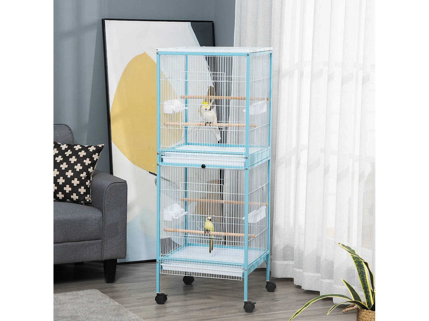 Grande cage à oiseaux sur pied à roulettes - volière double, mangeoires, perchoirs, plateau amovible - bleu