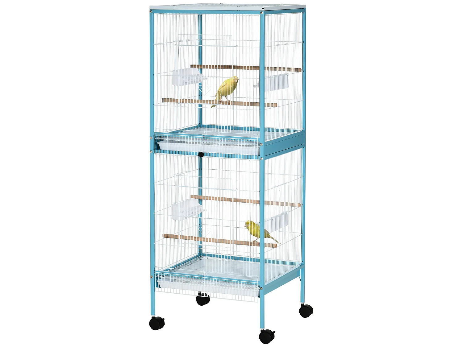 Grande cage à oiseaux sur pied à roulettes - volière double, mangeoires, perchoirs, plateau amovible - bleu