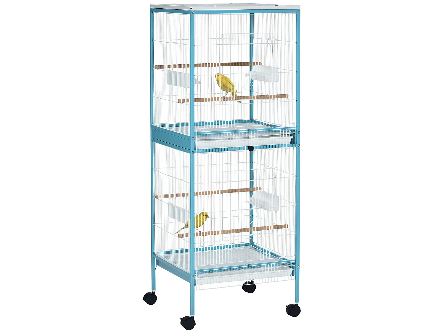 Grande cage à oiseaux sur pied à roulettes - volière double, mangeoires, perchoirs, plateau amovible - bleu