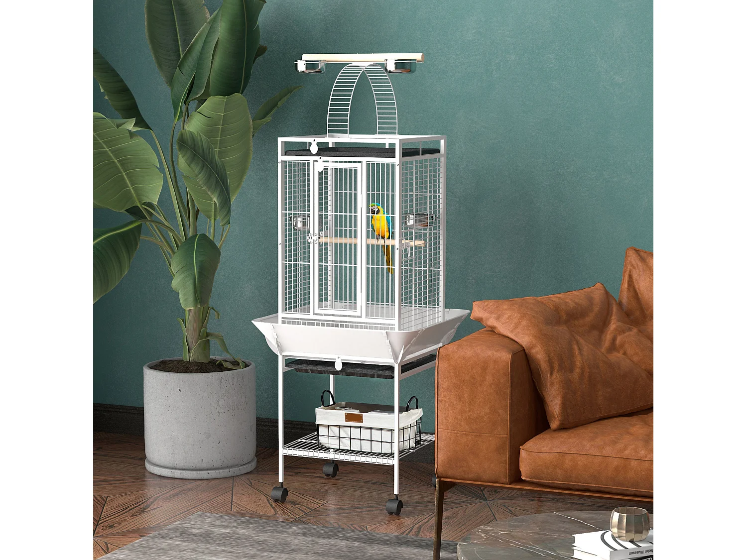 Cage oiseaux à roulettes 62 x 62 x 156 cm plateau coulissant acier blanc