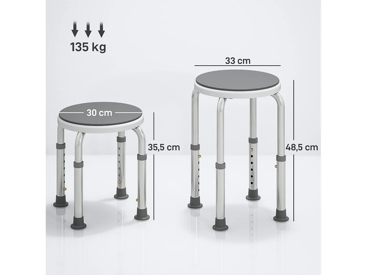 Tabouret de douche siège de douche - hauteur réglable, pivotant 360° - alu PP blanc gris