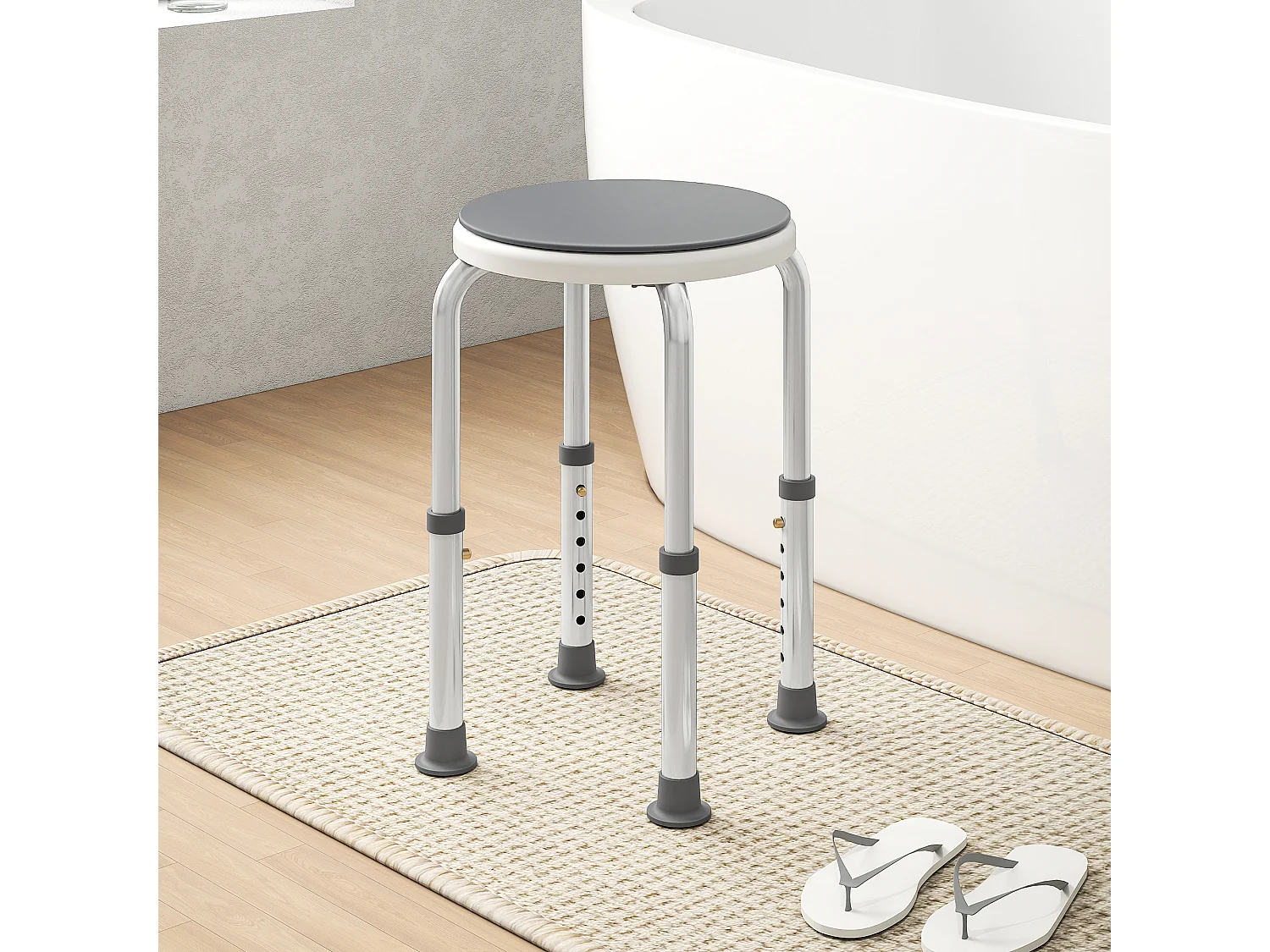 Tabouret de douche siège de douche - hauteur réglable, pivotant 360° - alu PP blanc gris