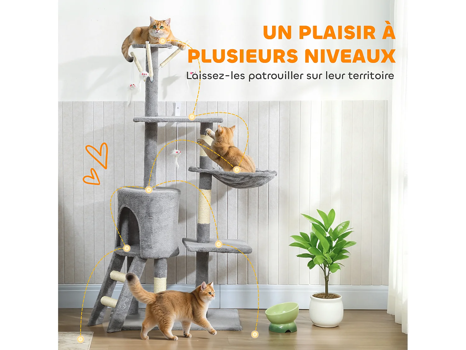 Arbre à chat multi-équipement griffoirs plateformes niche échelle hamac jouets gris