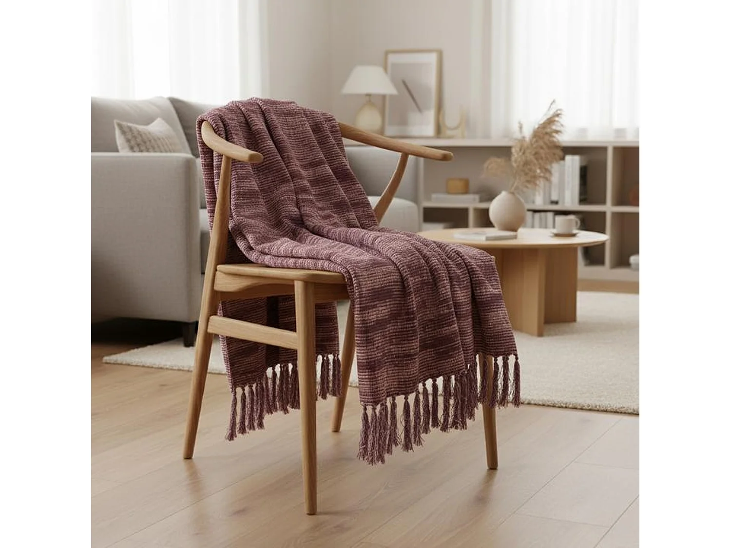 Couverture plaid prune avec franges 130x170cm ANEVIK - SACASA