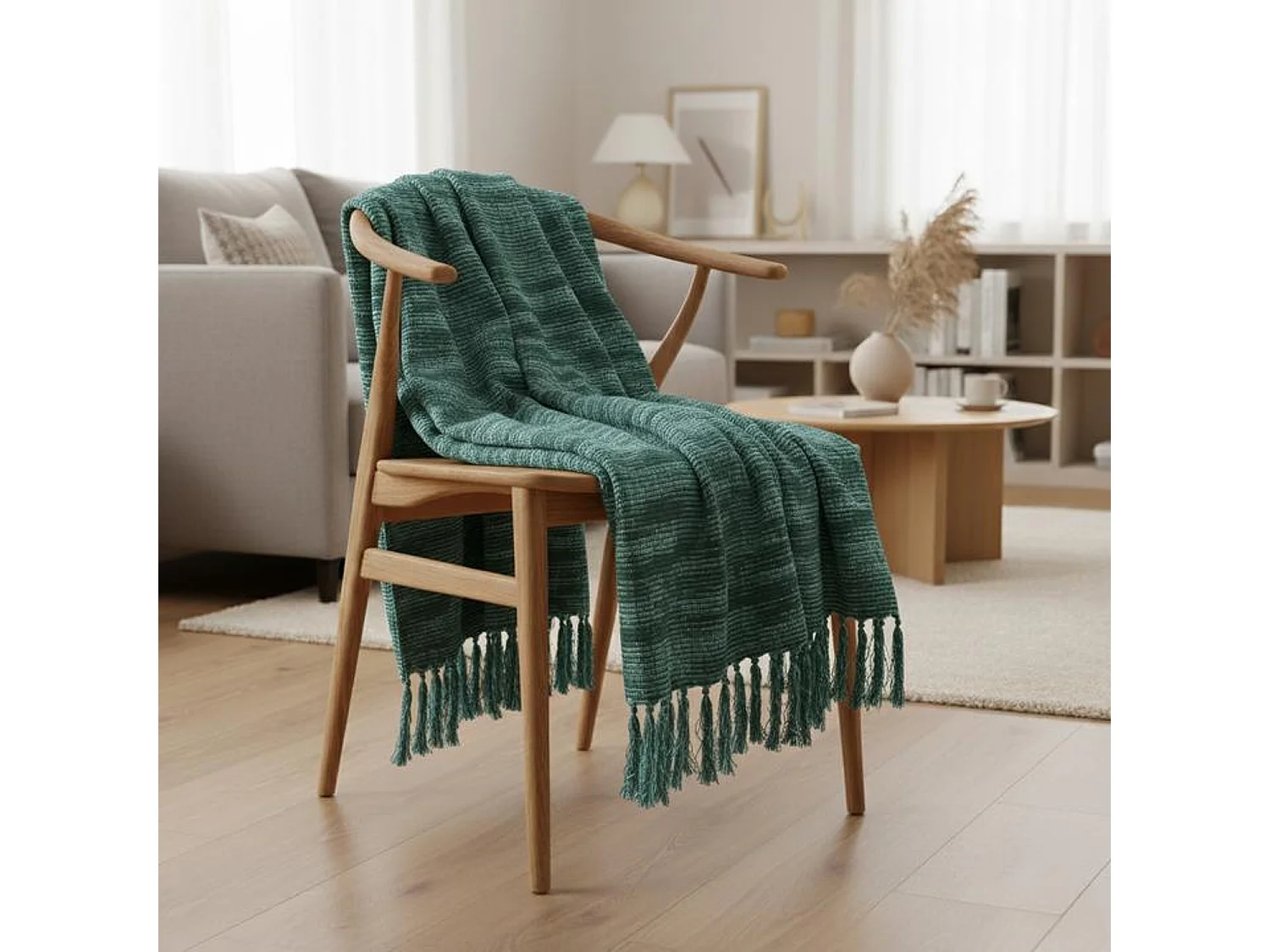 Couverture plaid bleu-vert avec franges 130x170cm ANEVIK - SACASA
