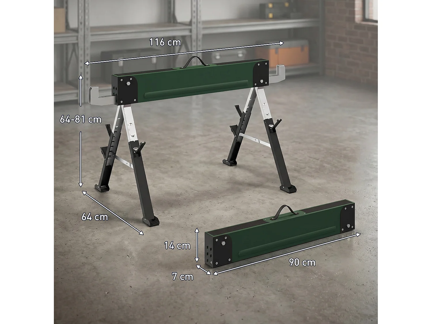 Lot de 2 tréteaux pliables télescopiques 64-81cm - 1160Kg max. - métal vert noir