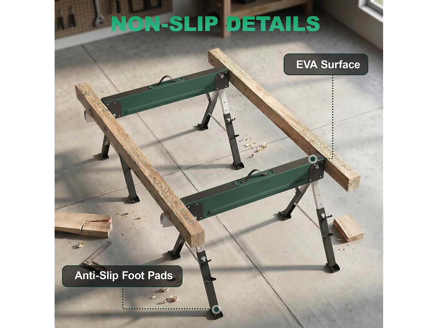 Lot de 2 tréteaux pliables télescopiques 64-81cm - 1160Kg max. - métal vert noir