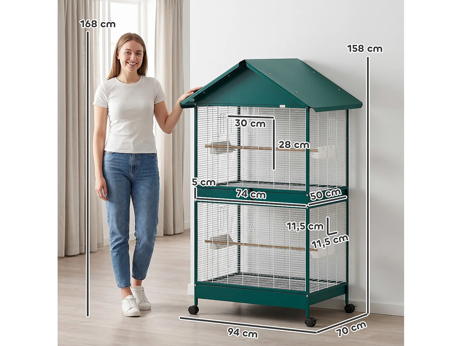 Cage à oiseaux mobile - volière grande taille - séparateur amovible - métal - 94x70x158 cm - vert