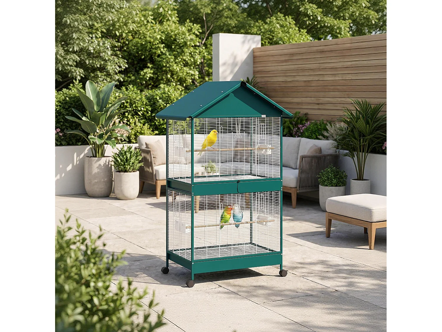 Cage à oiseaux mobile - volière grande taille - séparateur amovible - métal - 94x70x158 cm - vert