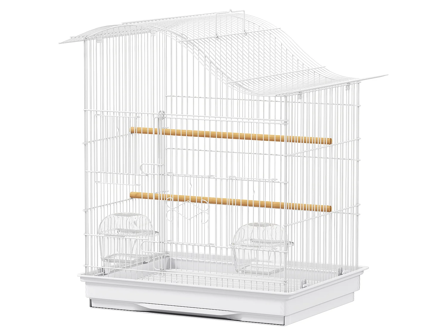 Cage à oiseau 4 portes 2 perchoirs 2 mangeoires plateau coulissant poignée blanc
