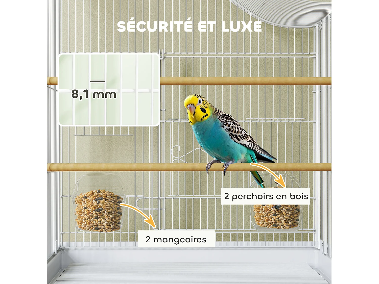 Cage à oiseau 4 portes 2 perchoirs 2 mangeoires plateau coulissant poignée blanc