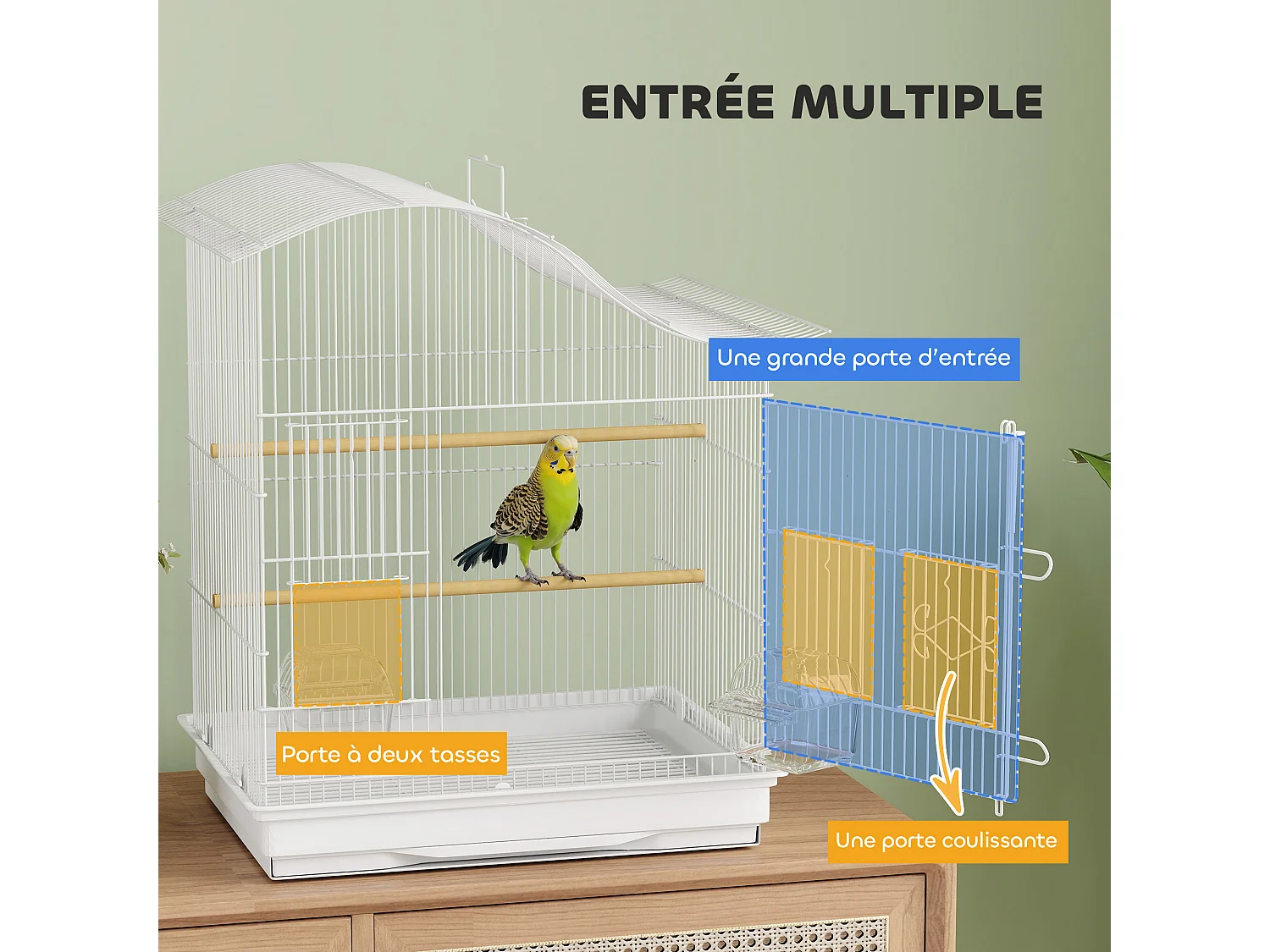 Cage à oiseau 4 portes 2 perchoirs 2 mangeoires plateau coulissant poignée blanc